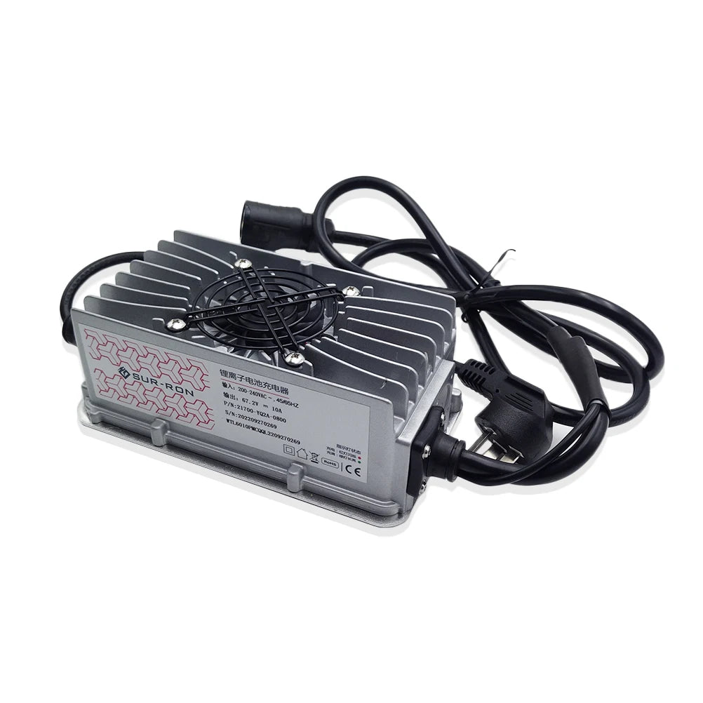 A silver aluminum heat sink power adapter with a black cooling fan, black power cord, and a white label with red text, shown on a white background.