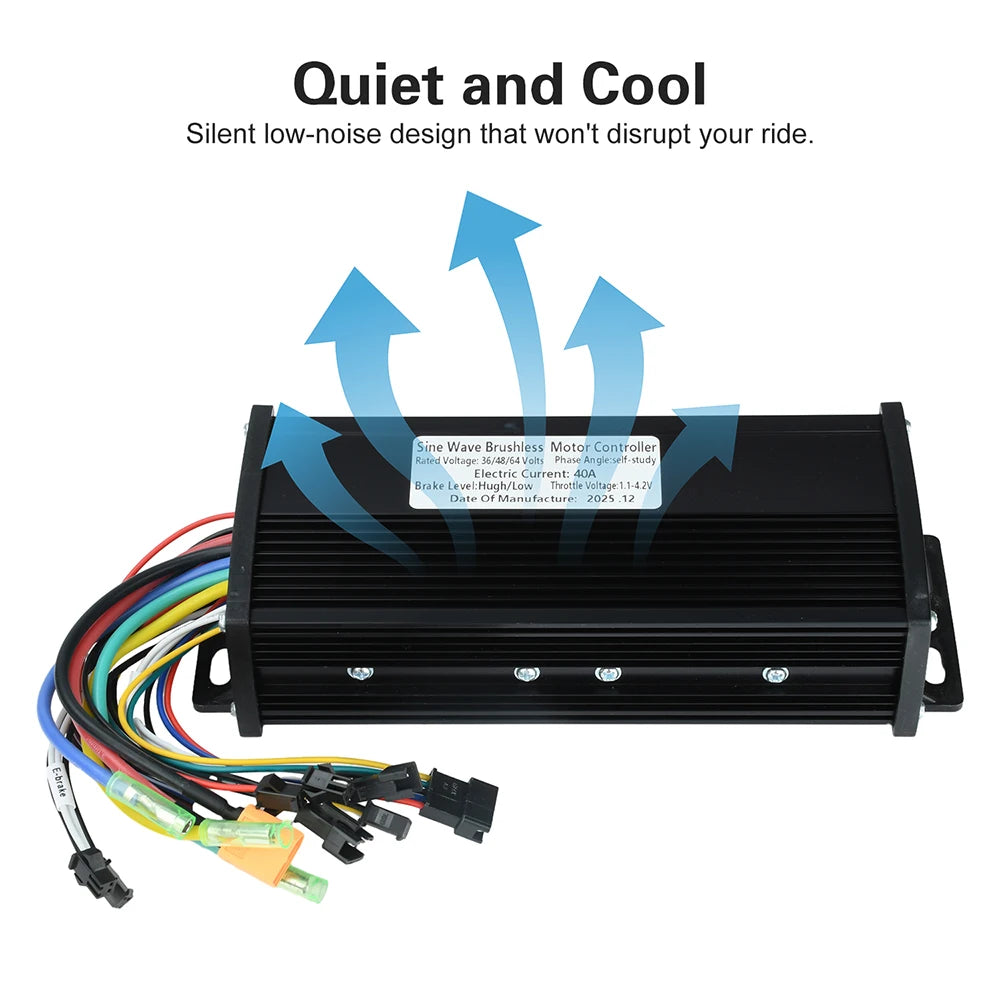 Black metal electronic controller with attached multicolored wiring and blue airflow arrows above, on a white background with the text 'Quiet and Cool' and 'Silent low-noise design that won't disrupt your ride.'.