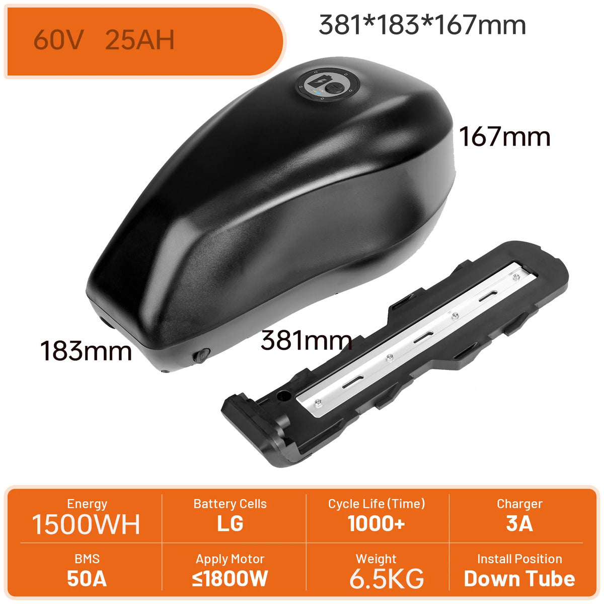 Black electric bicycle battery pack with its battery case and battery tray, shown with dimension labels (381*183*167mm) and technical specifications on an orange and white background.