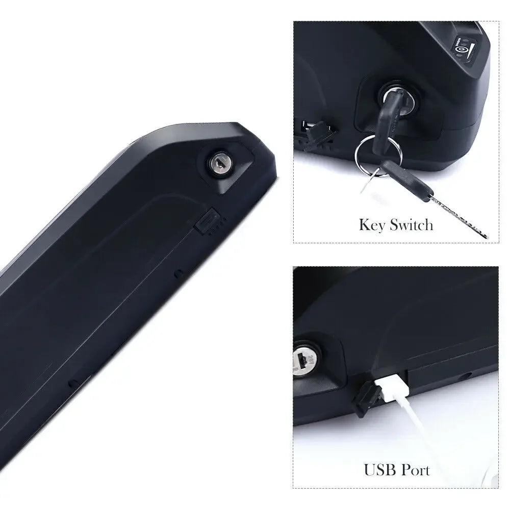 Black electronic device shown on a white background with two inset detail views: one labeled 'Key Switch' showing a key inserted into a port, and one labeled 'USB Port' showing a white USB cable plugged in.