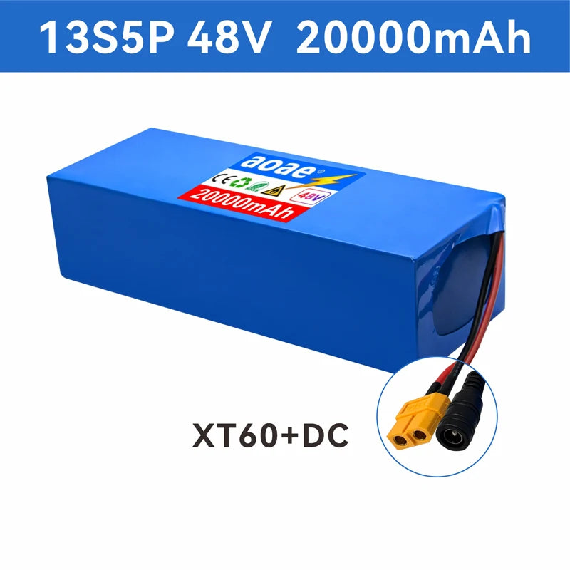 A blue rectangular lithium-ion battery pack with XT60+DC connectors, featuring aaoe branding and a 20000mAh label, shown on a white background with a blue header and a connector detail inset.