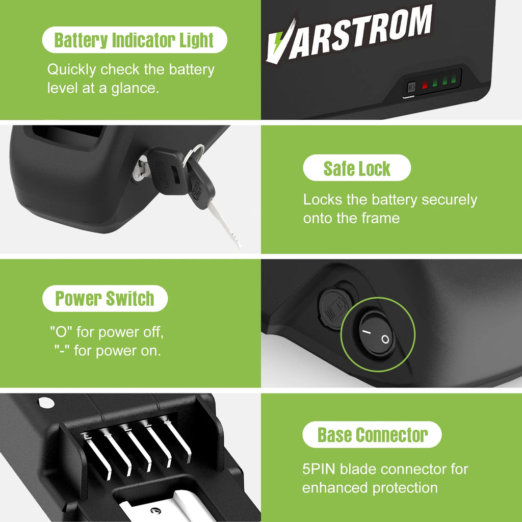 Varstrom product with battery indicator light, safe lock, power switch, and base connector features.