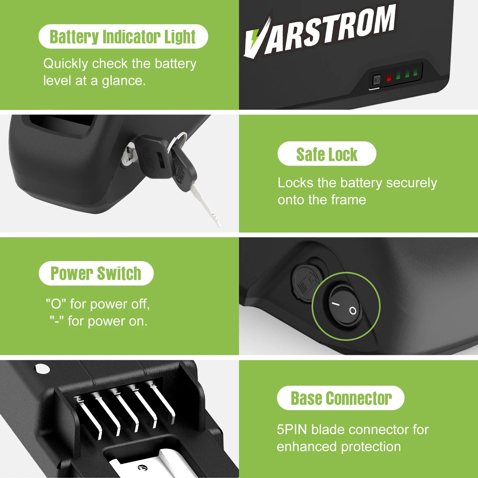 Varstrom product with battery indicator light, safe lock, power switch, and base connector features.