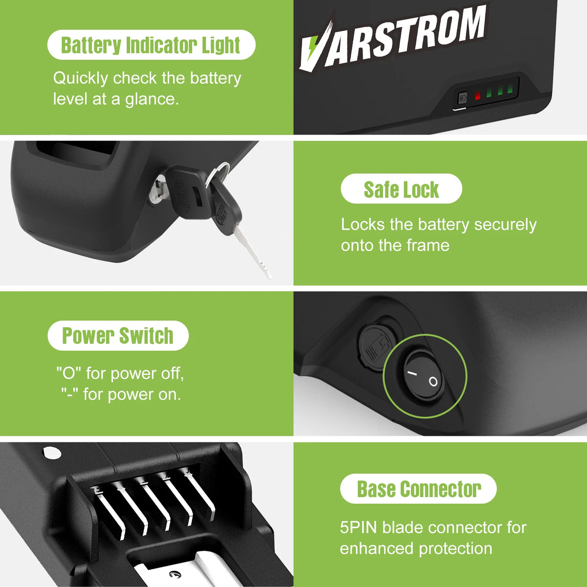 Varstrom product with battery indicator light, safe lock, power switch, and base connector features.