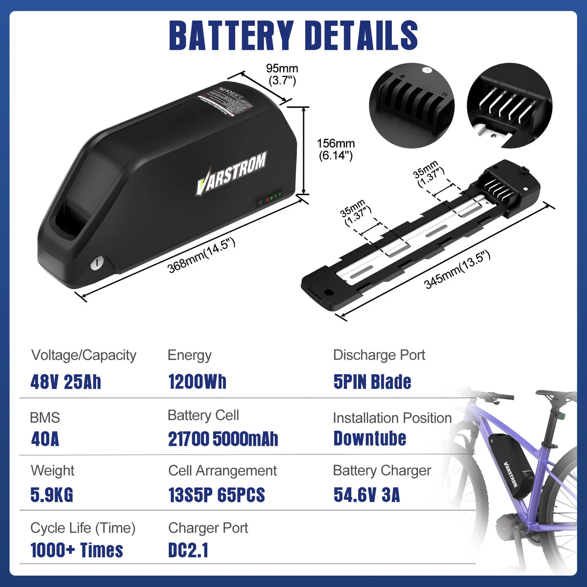 A product information graphic for a Varstrom bicycle battery. The main subject is the black Varstrom battery shown with dimension callouts and close-up inset views of the terminal openings.