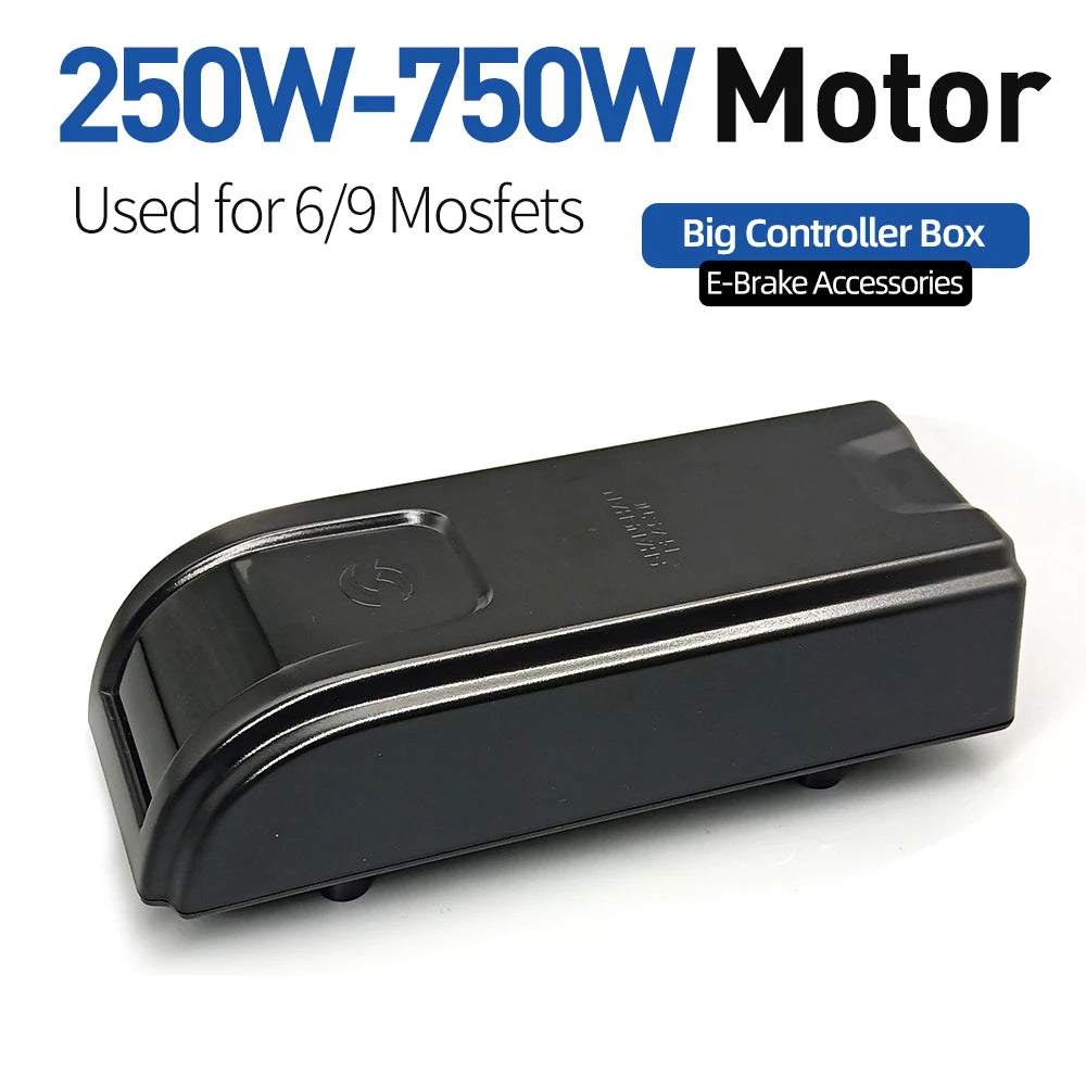 A black plastic electronic controller box shown on a white background with promotional text reading '250W-750W Motor', 'Used for 6/9 Mosfets', and 'Big Controller Box E-Brake Accessories'.