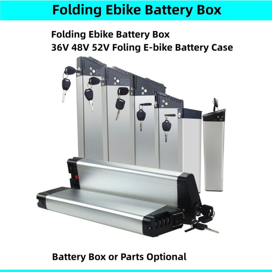 Silver and black folding ebike battery box set with multiple battery panels, keys, and a front battery cover, shown on a white background with text overlays.