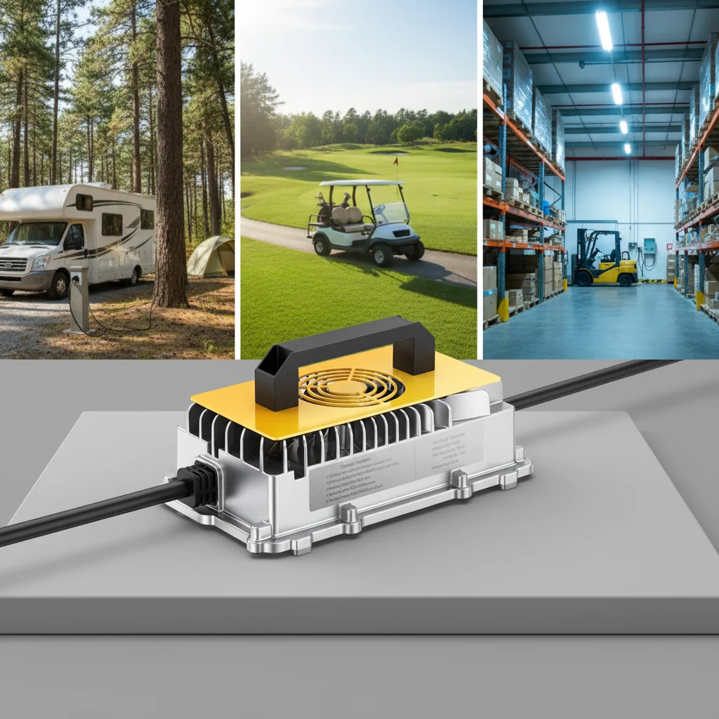 A compact rectangular electronic device with a silver metal housing, black top handle, and yellow top panel sits on a gray platform. Three inset photos along the top show outdoor and indoor use contexts: an RV at a campsite, a golf cart on a green course, and a forklift inside a warehouse.