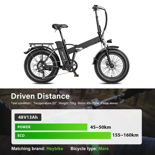 A black folding electric bicycle with fat tires is shown on a white background above a feature infographic labeled 'Driven Distance' with battery specs and range estimates. The matching brand 'Heybike' is visible at the bottom.