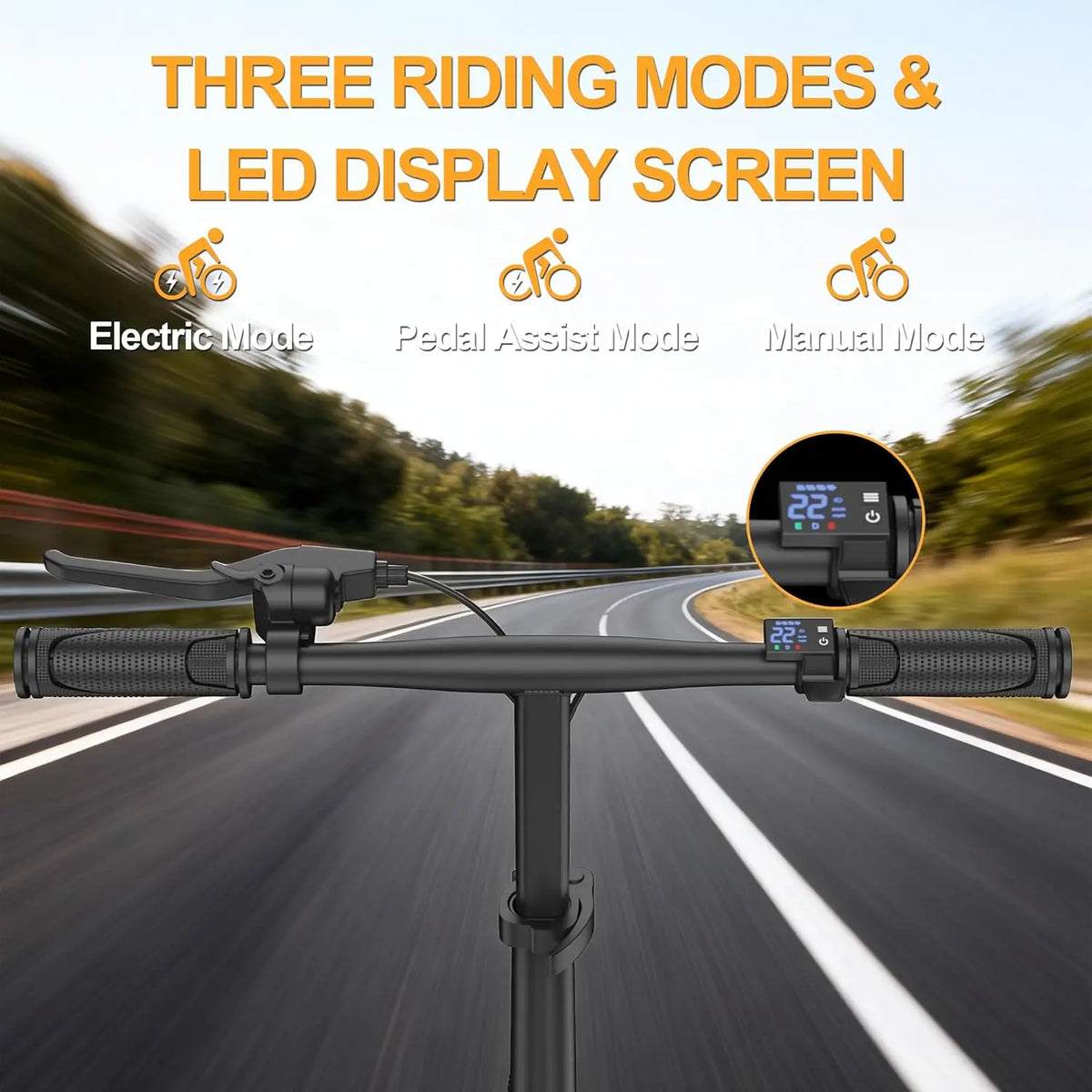 Electric scooter handlebar with three riding modes and LED display screen on a blurred road background.