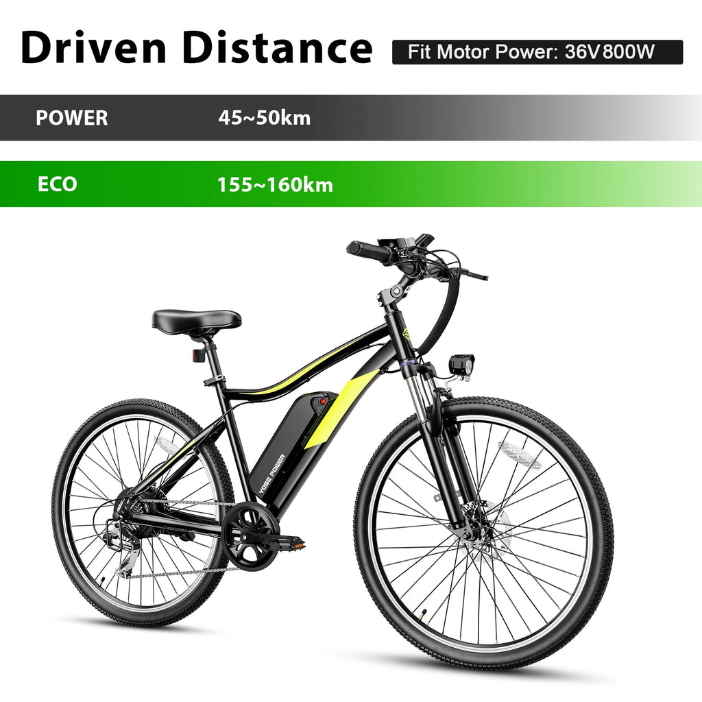 A black electric bicycle with a bright yellow-green accent stripe and a large battery mounted on the frame, shown on a white background with a specification banner at the top reading 'Driven Distance' and 'Fit Motor Power: 36V800W'.