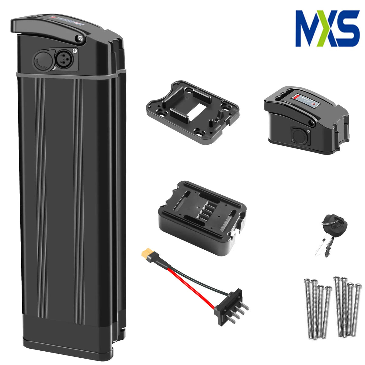 Black MXS lithium-ion battery pack kit with mounting brackets, connector cable, keys, and screws on a white background.