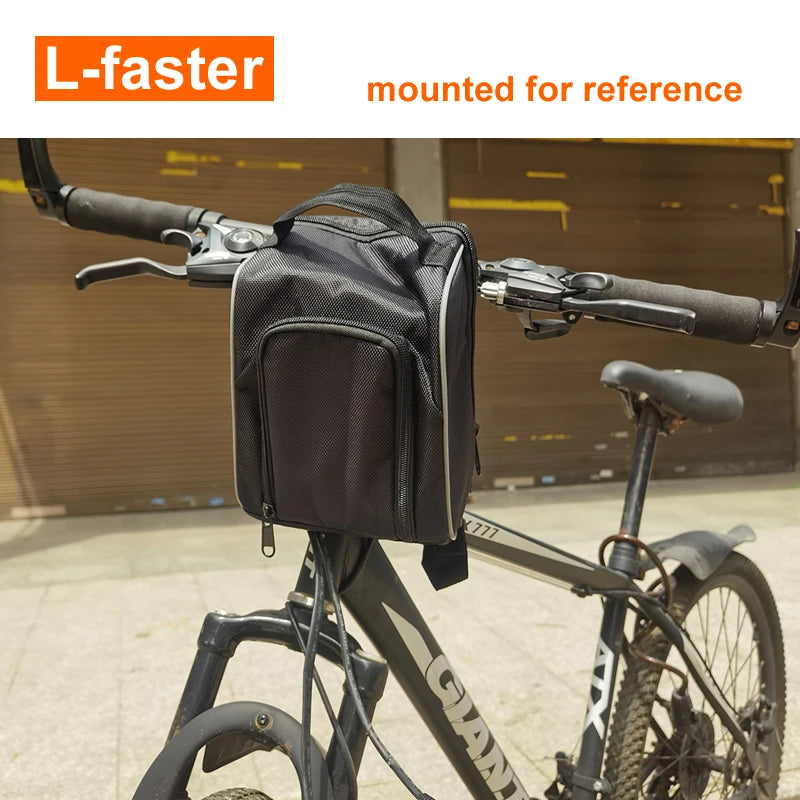 A black bicycle handlebar bag with white piping is mounted on the handlebars of a black bicycle. The top of the image features an orange banner with the text 'L-faster' and 'mounted for reference'.