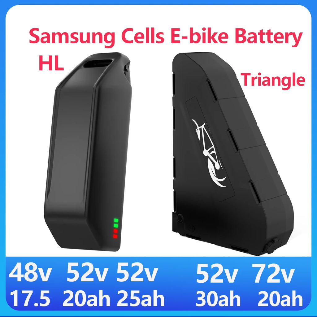 Black Samsung Cells e-bike battery shown from two angles on a white background with a blue border and text indicating voltage, amp-hour, and triangle shape.