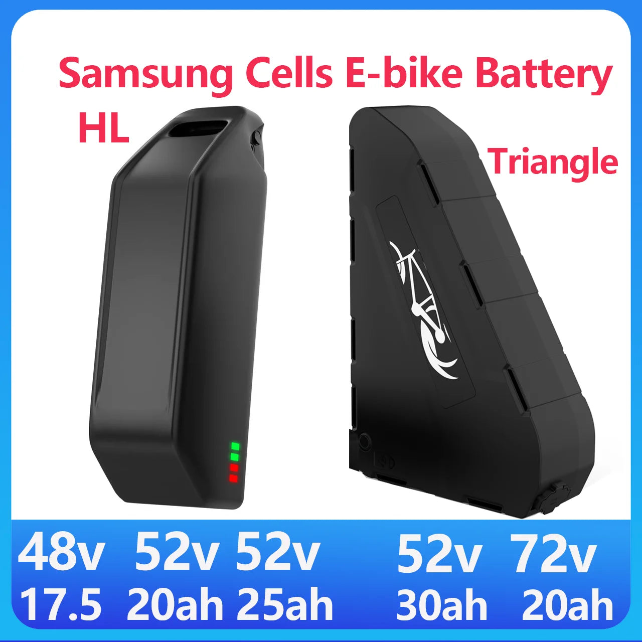 Black Samsung Cells e-bike battery shown from two angles on a white background with a blue border and text indicating voltage, amp-hour, and triangle shape.