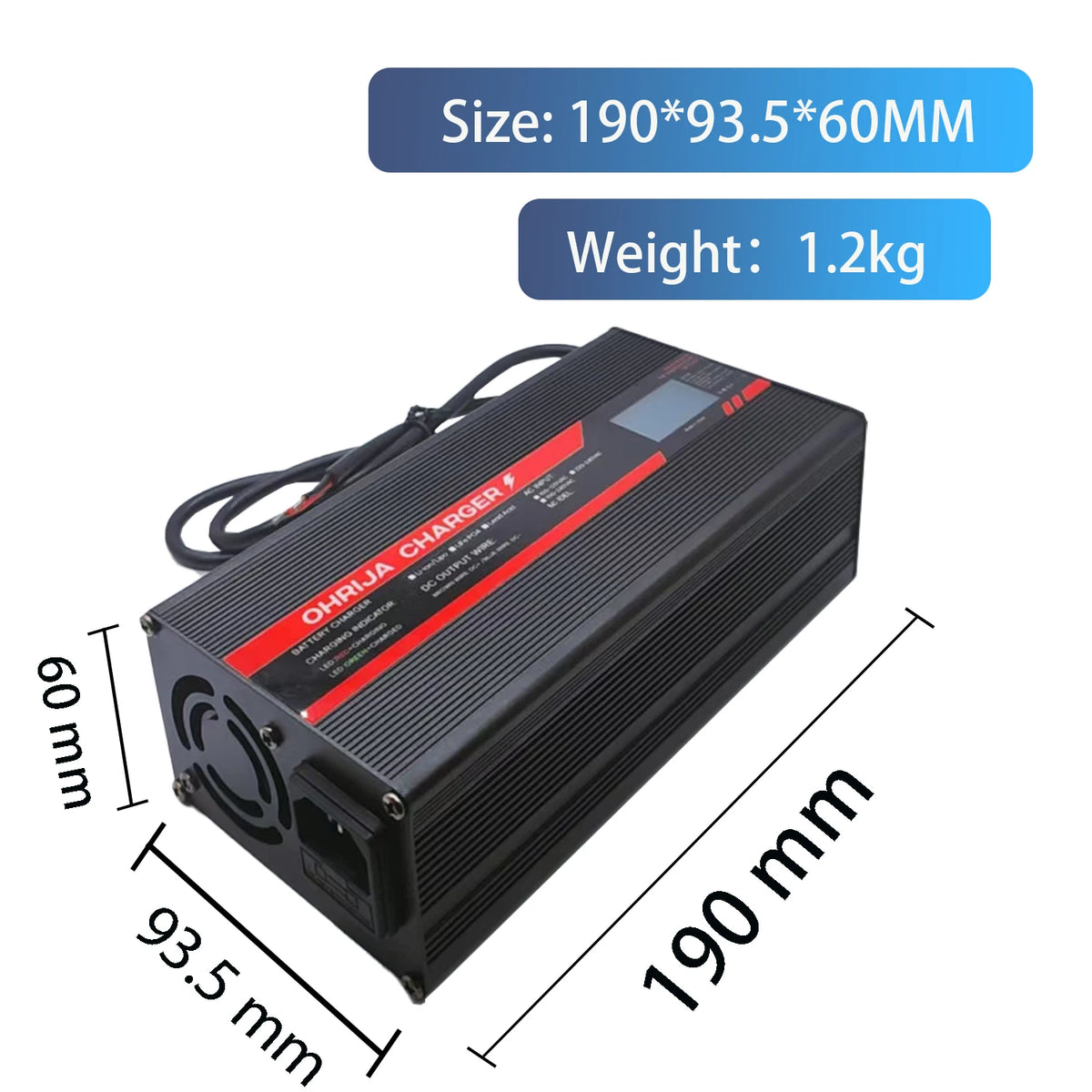 Power inverter with dimensions and weight information on a white background