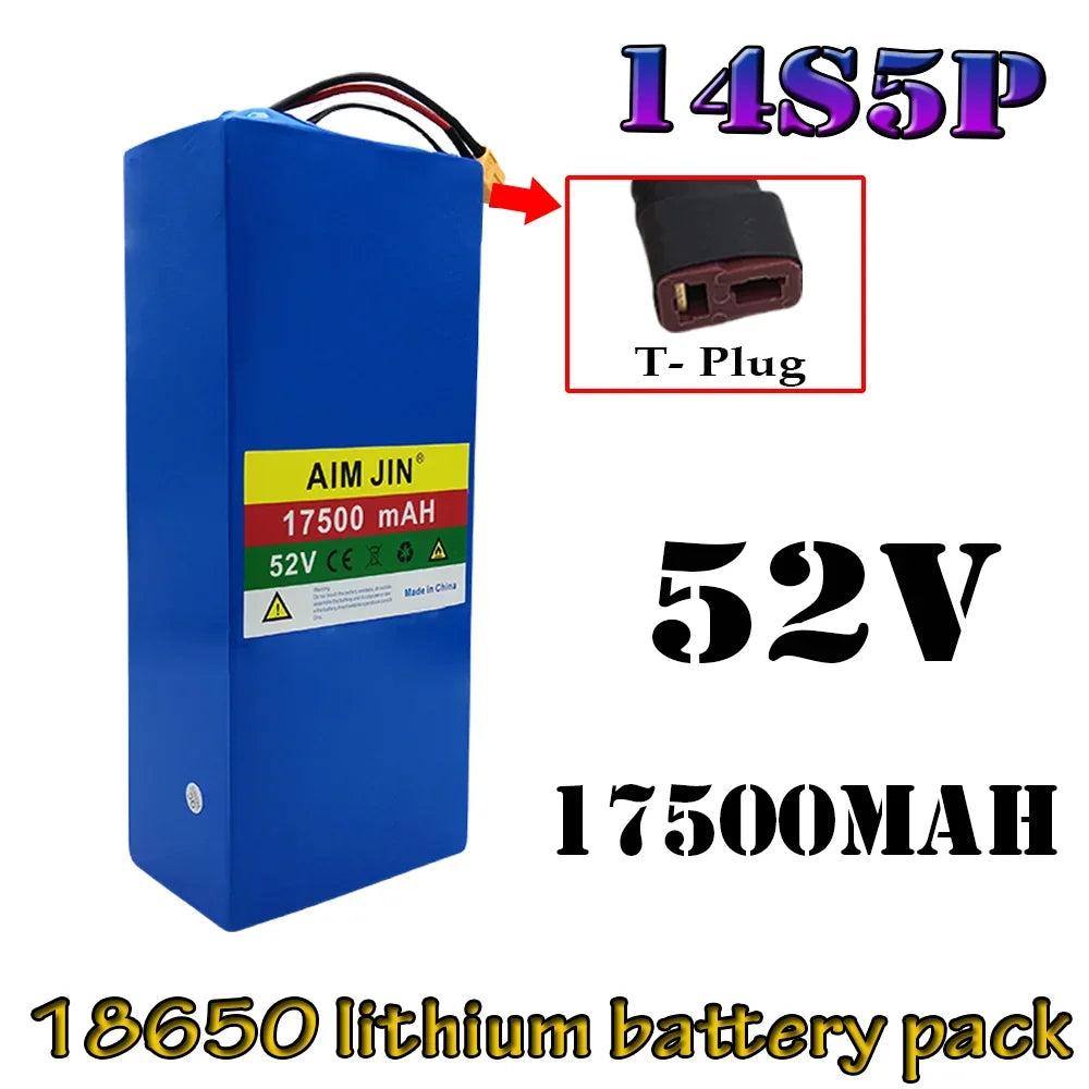 A blue AIM JIN 17500 lithium-ion battery pack with a T-plug connector inset, featuring large text overlays indicating 14S5P, 52V, 17500mAh, and 18650 lithium battery pack on a white background.