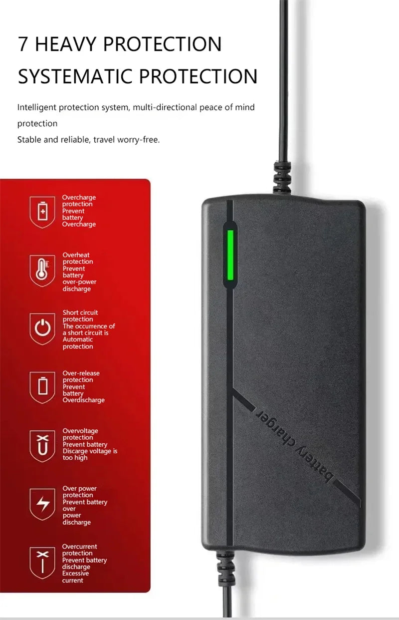 A black battery charger with a green LED indicator light, shown next to a red informational panel detailing its seven heavy protection systems on a white background.