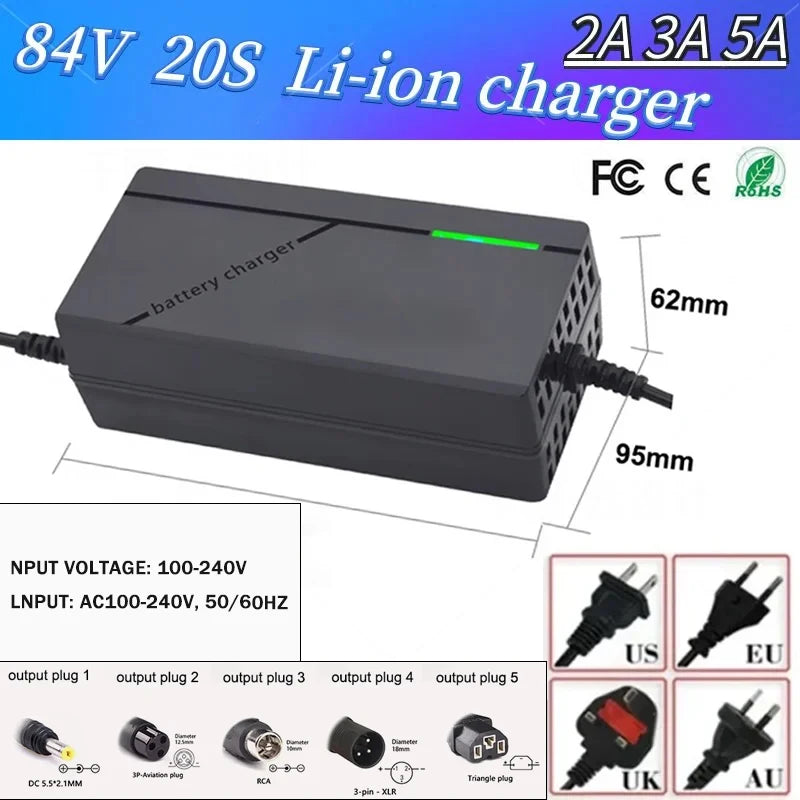 Black 84V 20S Li-ion battery charger with dimension markings (62mm x 95mm), plug compatibility icons, and certification marks (FC, CE, RoHS) on a white background.