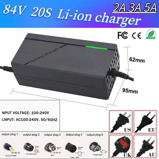 Black 84V 20S Li-ion battery charger with dimension markings (62mm x 95mm), plug compatibility icons, and certification marks (FC, CE, RoHS) on a white background.