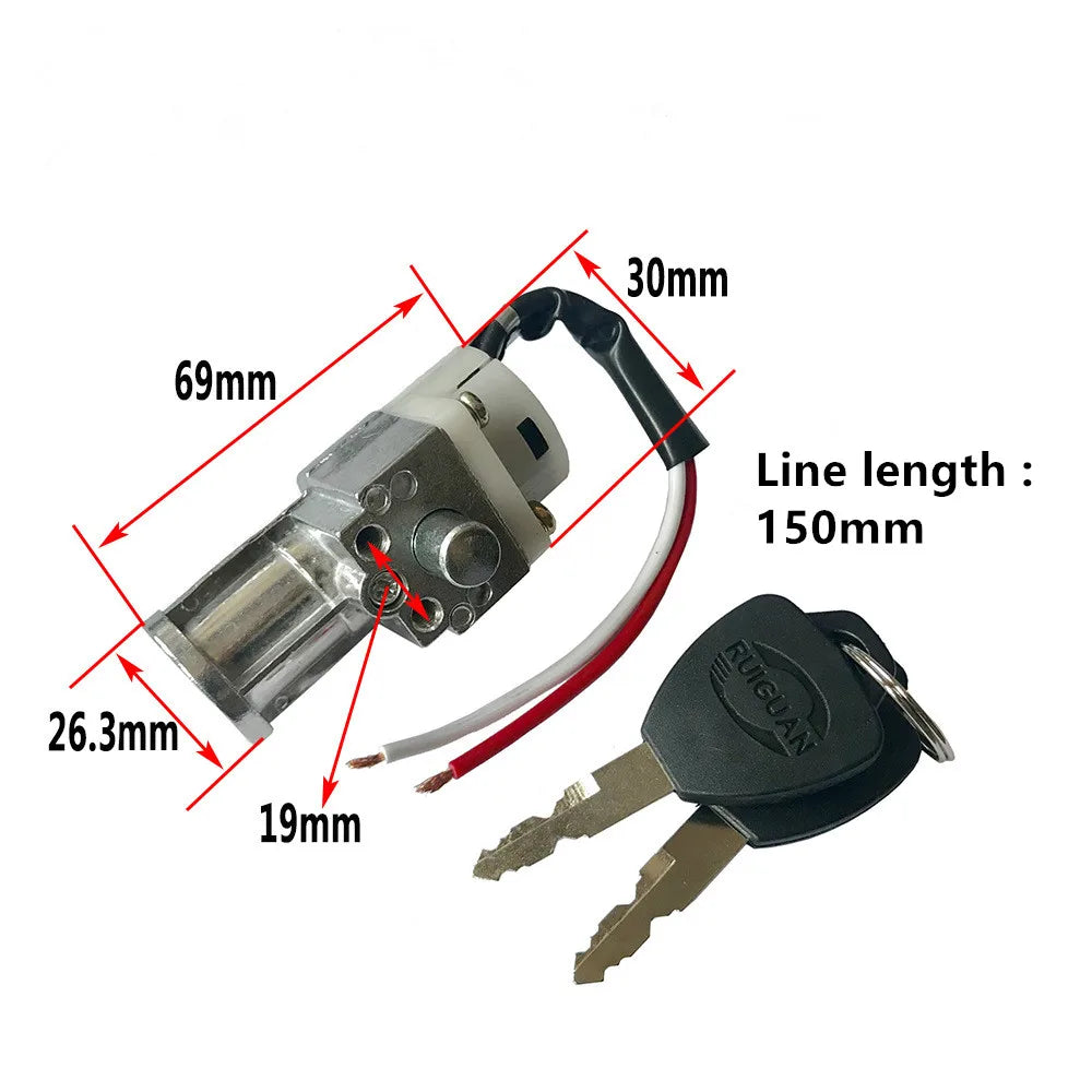 An electric lock cylinder with two keys, annotated with dimensions (69mm, 30mm, 19mm, 26.3mm) and line length (150mm) on a white background.
