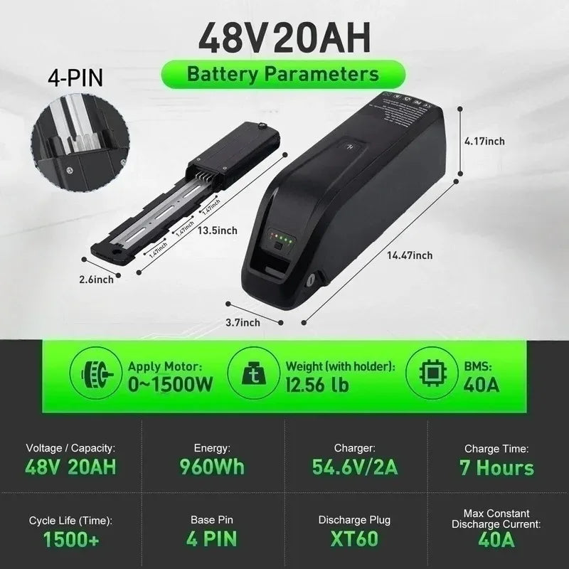 Battery pack with specifications and dimensions on a white background