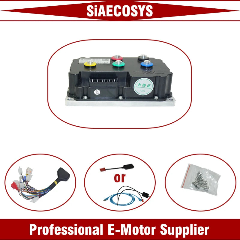 SiAECOSYS electric motor controller module with wiring harnesses and mounting hardware, presented on a white background with red borders and text banners.