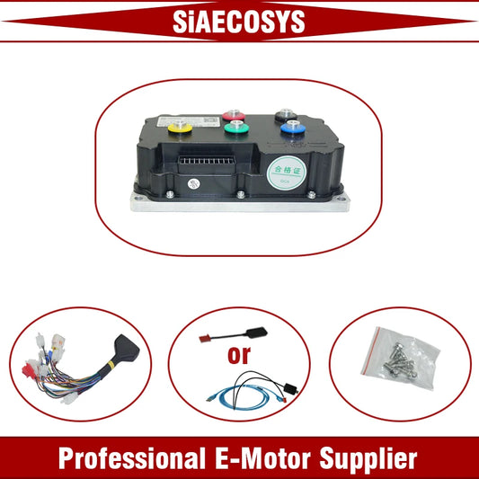 SiAECOSYS electric motor controller module with wiring harnesses and mounting hardware, presented on a white background with red borders and text banners.