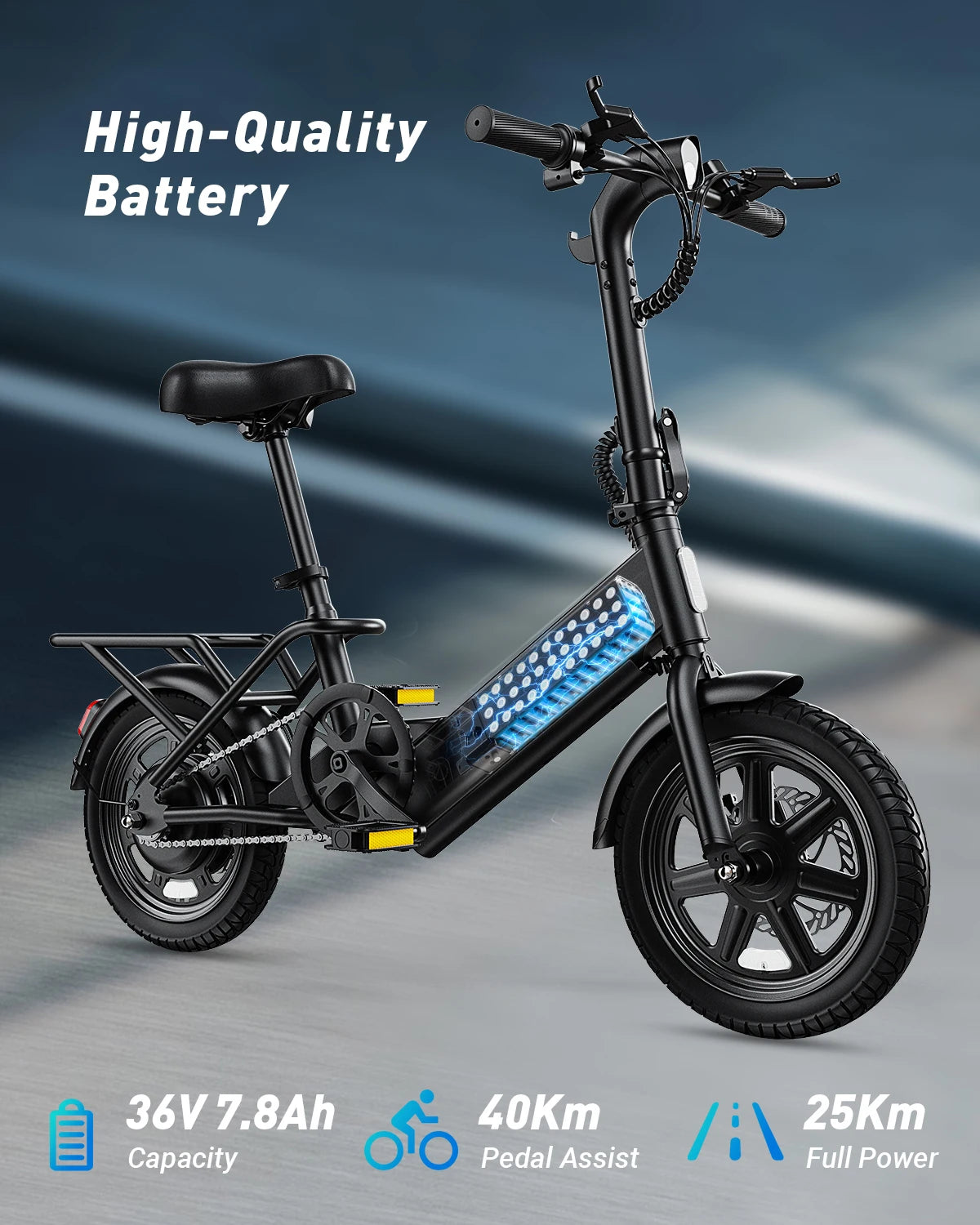 Black electric bike with battery details on a gray background