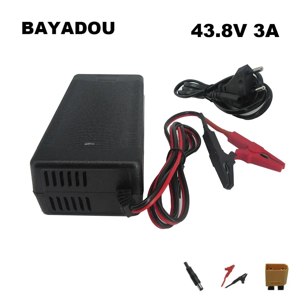 A black Bayadou 43.8V 3A battery charger/power supply with red and black cables, included with red and black alligator clips and a power plug, shown on a white background with text overlays.