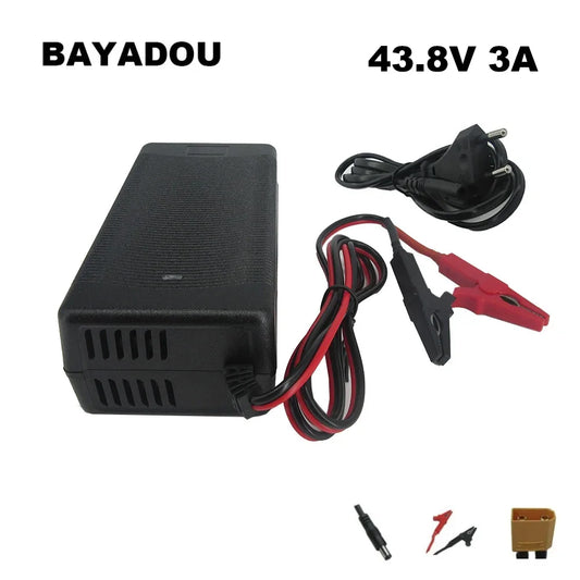 A black Bayadou 43.8V 3A battery charger/power supply with red and black cables, included with red and black alligator clips and a power plug, shown on a white background with text overlays.