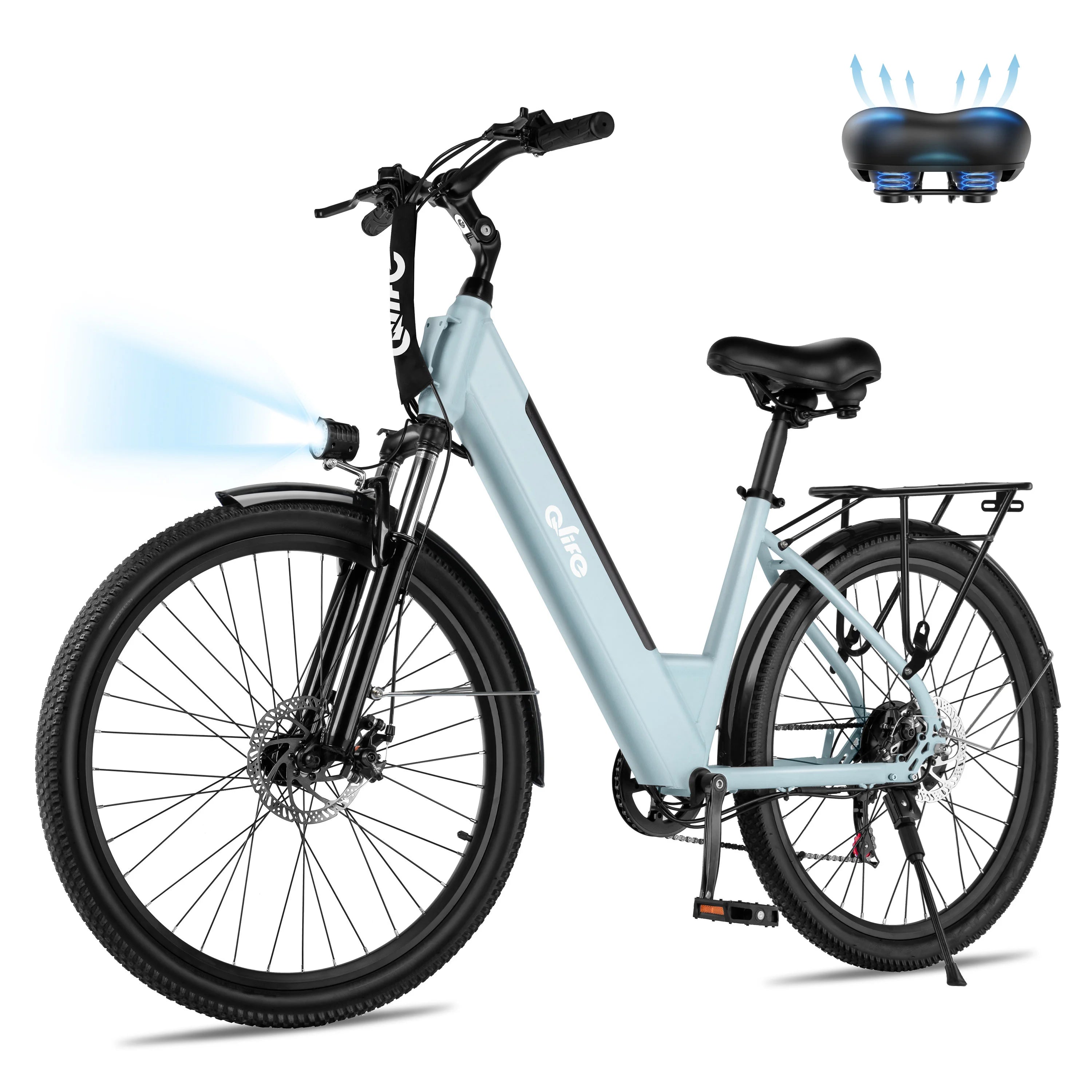 A light blue step-through electric bicycle with black components, shown on a white background with a floating blue-tinted seat inset and light effect near the front. The frame has a visible 'evvo' logo.