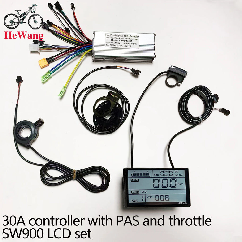 30A controller with PAS and throttle SW900 LCD set on a white background, featuring the brand 'HeWang'.