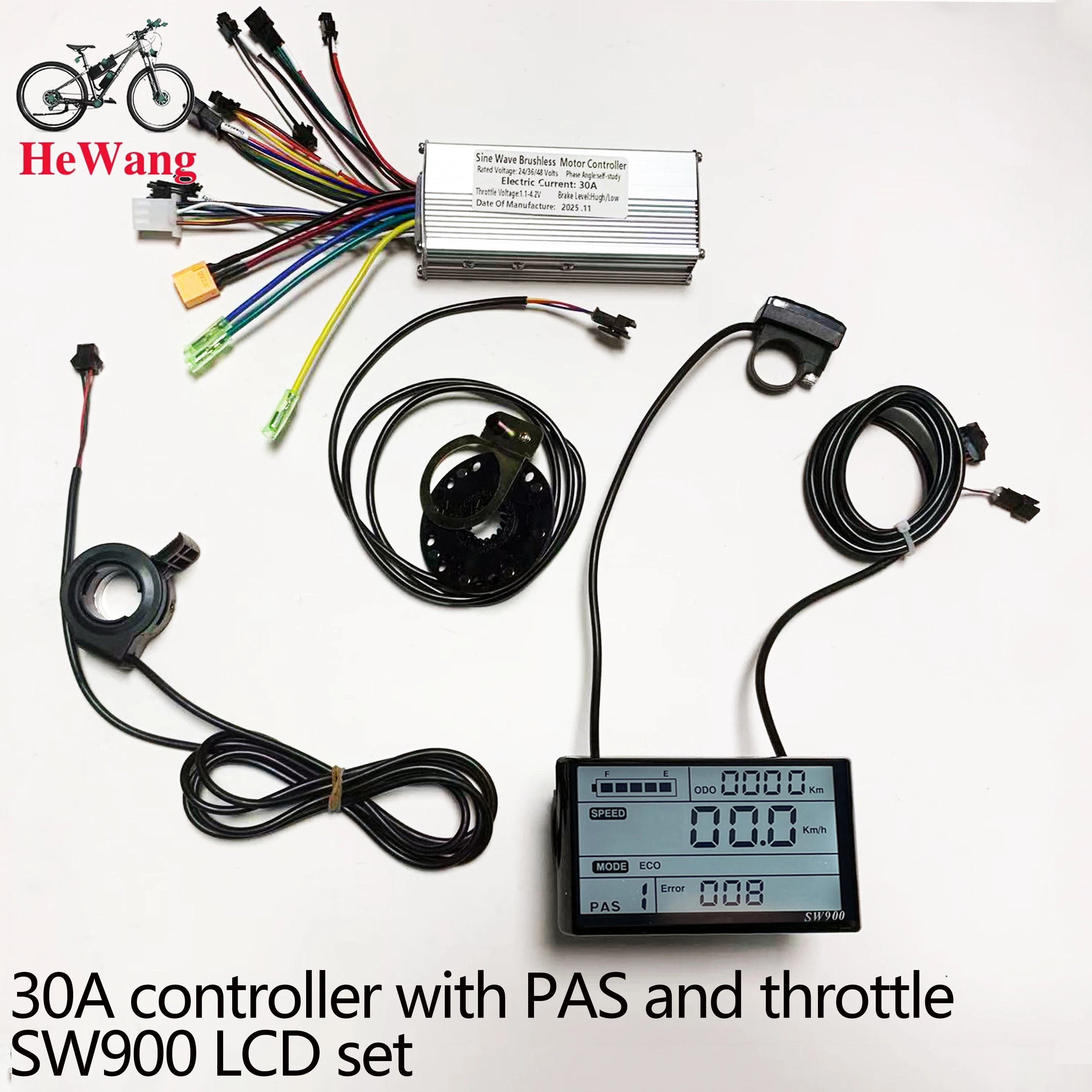 30A controller with PAS and throttle SW900 LCD set on a white background, featuring the brand 'HeWang'.