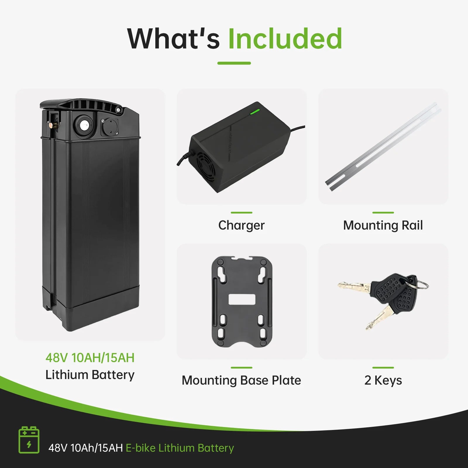 What's Included graphic showing a black 48V 10Ah/15Ah lithium battery, a charger, mounting rail, mounting base plate, and two keys on a light gray background with green text accents.