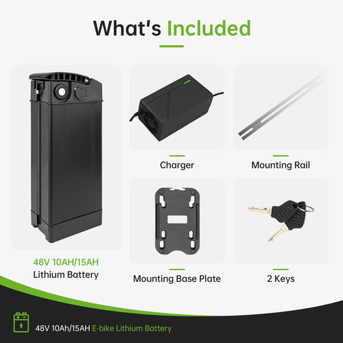 What's Included graphic showing a black 48V 10Ah/15Ah lithium battery, a charger, mounting rail, mounting base plate, and two keys on a light gray background with green text accents.