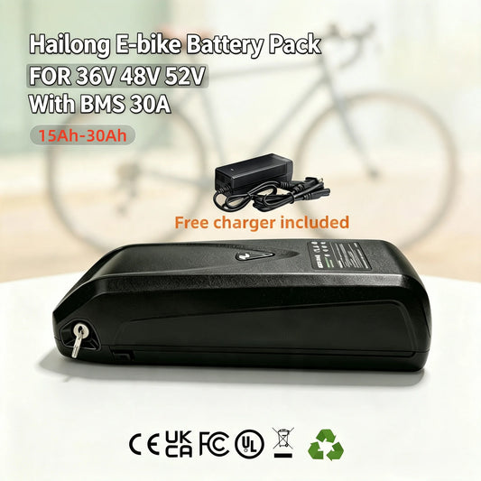 Black Hailong e-bike battery pack with a key port on the side, shown with a small free charger accessory and product text overlay on a light background with a blurred bicycle.