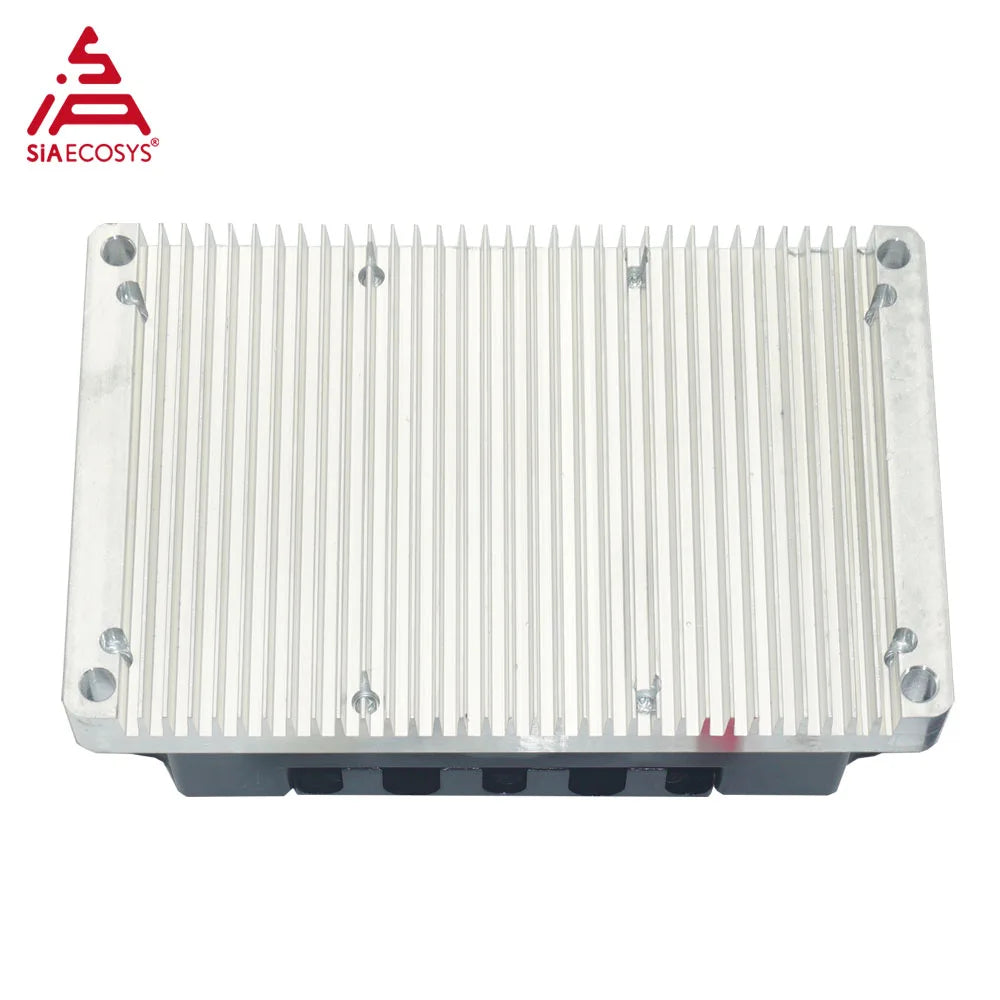 Metallic heat sink with Siaecosys logo on a white background