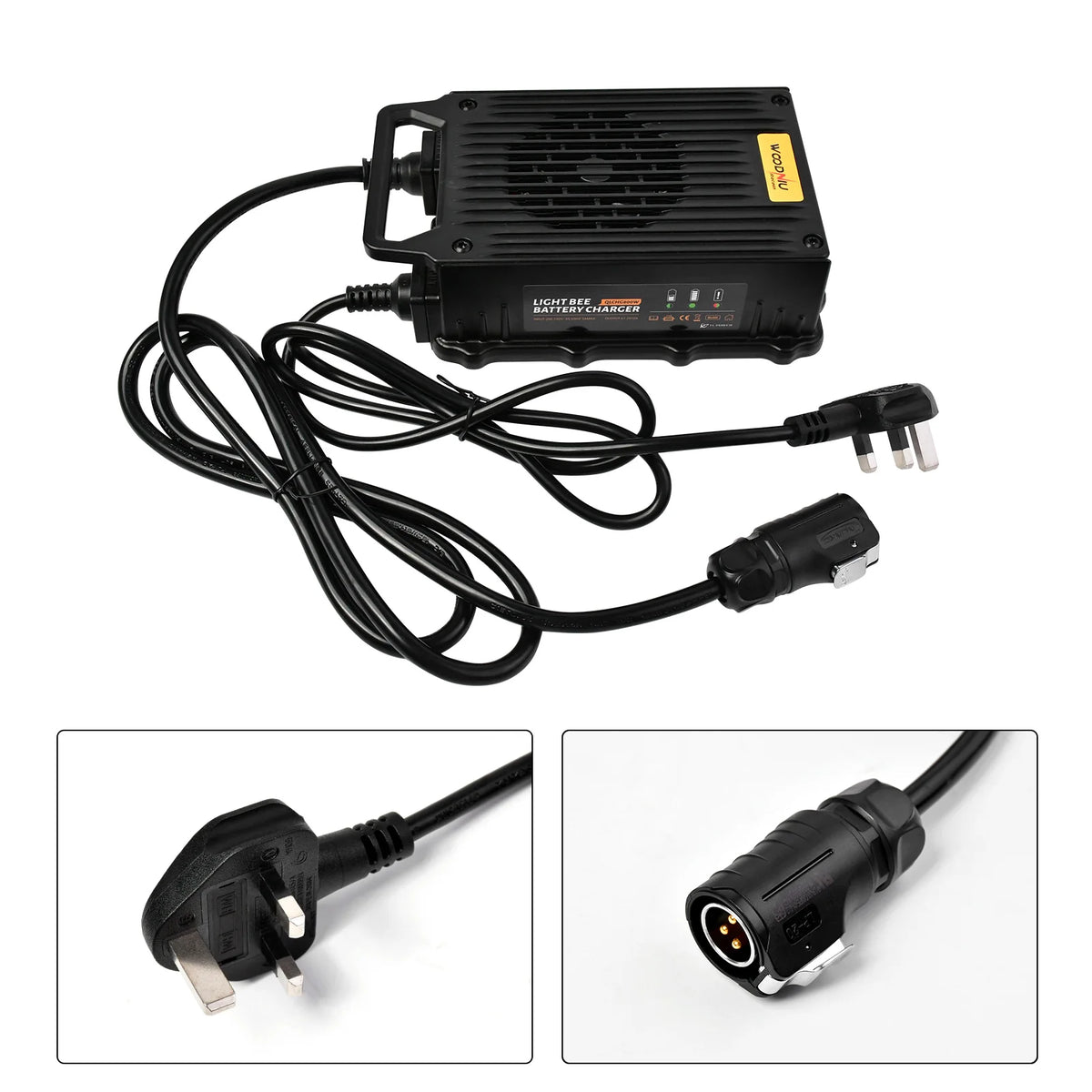 Black DC power adapter with attached power cord and two inset close-ups showing plug details, photographed on a white background.