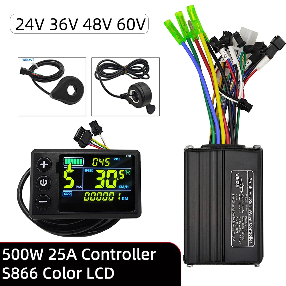 A 500W 25A motorcycle or e-bike controller kit with a black rectangular controller, a color LCD display screen, and a black magnetic sensor. The image shows the main controller with multicolored wiring on the right, the display screen on the bottom left, and two inset images of the magnetic sensor on the top left.