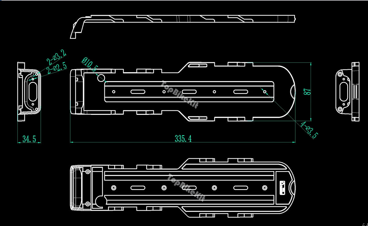 Technical line drawing of a long rectangular accessory with multiple views, dimensions, and small green measurement labels on a black background.