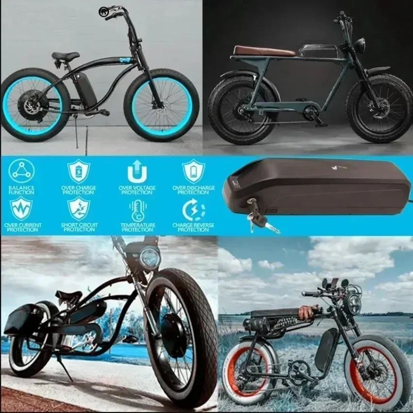 A collage showing four views of a fat-tire electric bicycle, including studio shots and outdoor water scenes, plus a close-up of the battery pack and a set of keys. The bike is black with bright blue or red accents on the wheels, and the collage includes feature icons on a blue background.