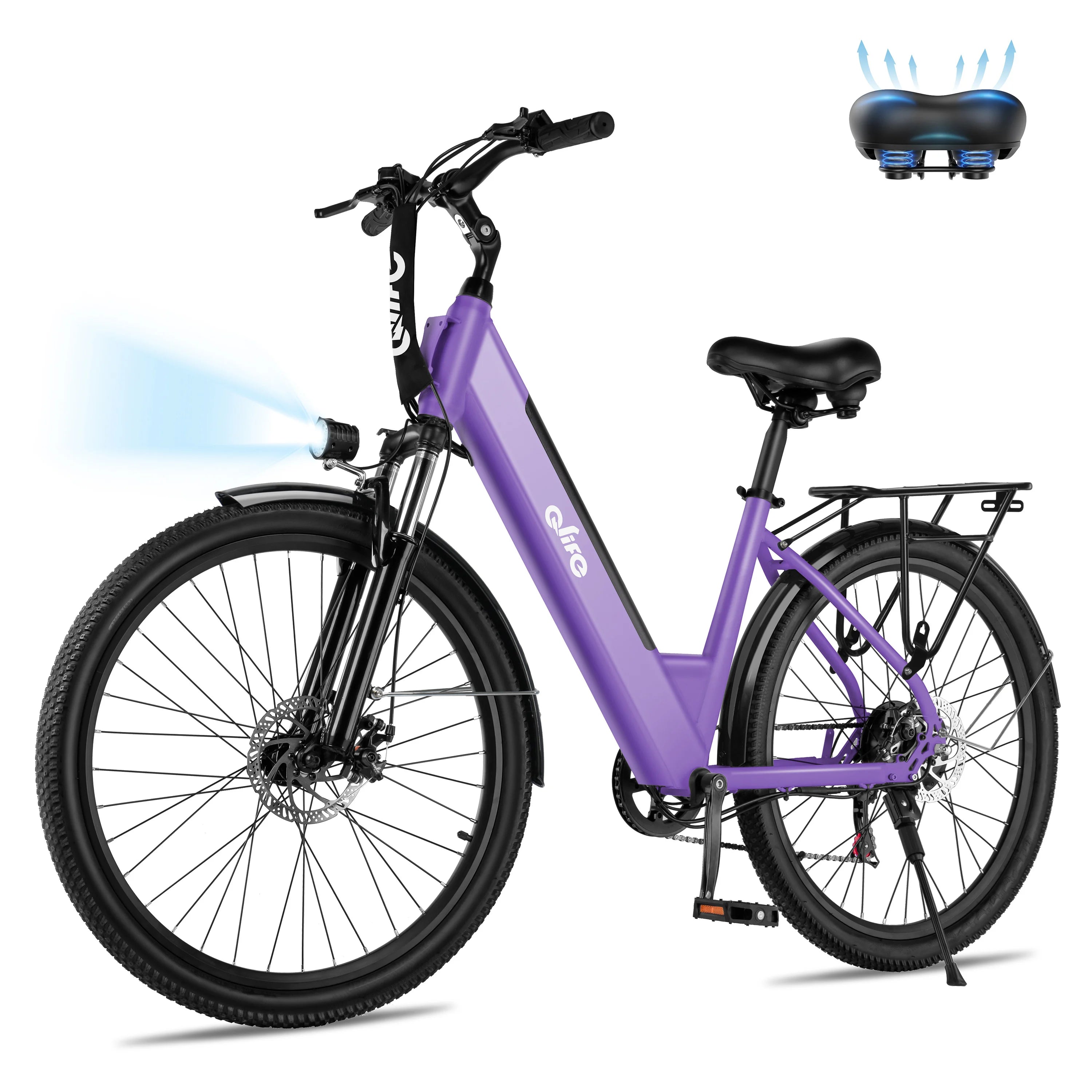 Purple and black electric bicycle with a rear cargo rack, front headlight, and a blue air pump accessory shown in the top right corner on a white background.