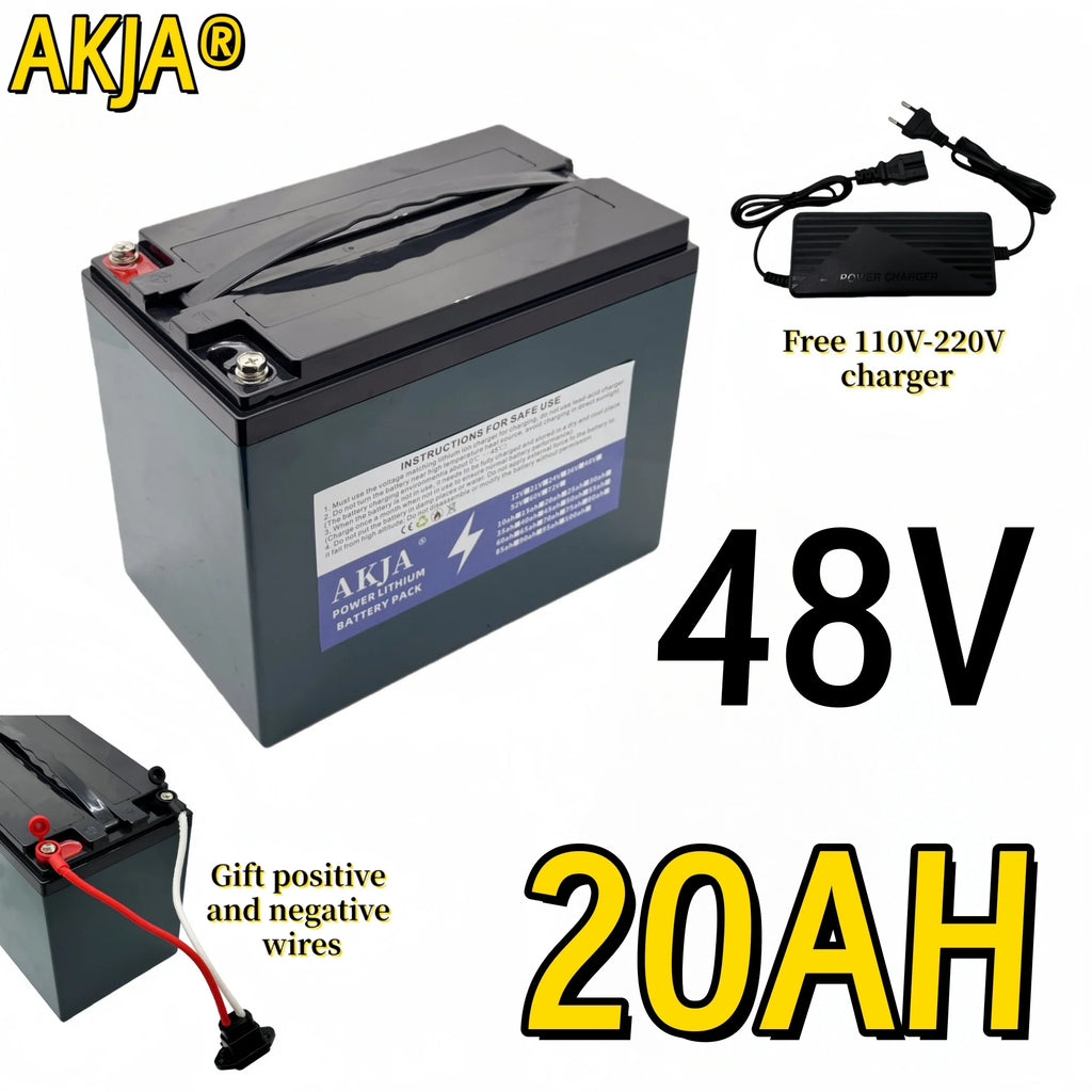 AKJA 48V 20Ah battery shown on a white background with a charger, positive and negative wire leads, and large text reading 48V and 20AH.