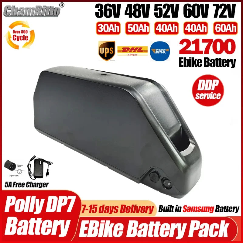 ChamRito Ebike Battery Pack in dark gray/black, shown with promotional text overlays detailing specifications like 36V-72V voltages, 30Ah-60Ah capacities, UPS/DHL/EMS shipping, and 21700 battery cells.