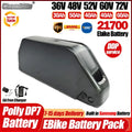 ChamRito Ebike Battery Pack in dark gray/black, shown with promotional text overlays detailing specifications like 36V-72V voltages, 30Ah-60Ah capacities, UPS/DHL/EMS shipping, and 21700 battery cells.
