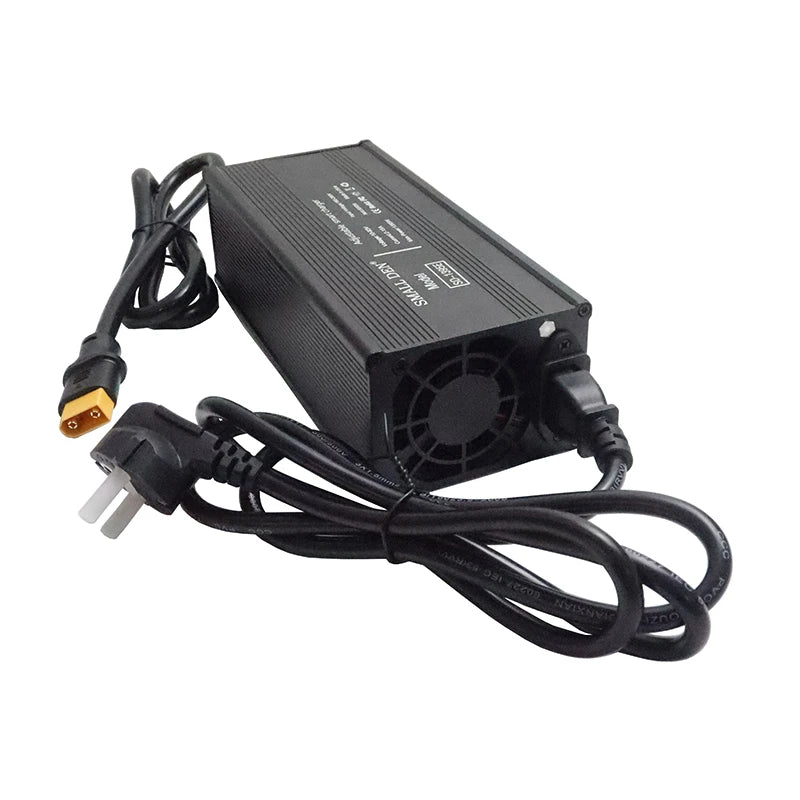 A black rectangular battery charger or power supply with a cooling fan on one end, attached to black cables and connectors, photographed on a plain white background.