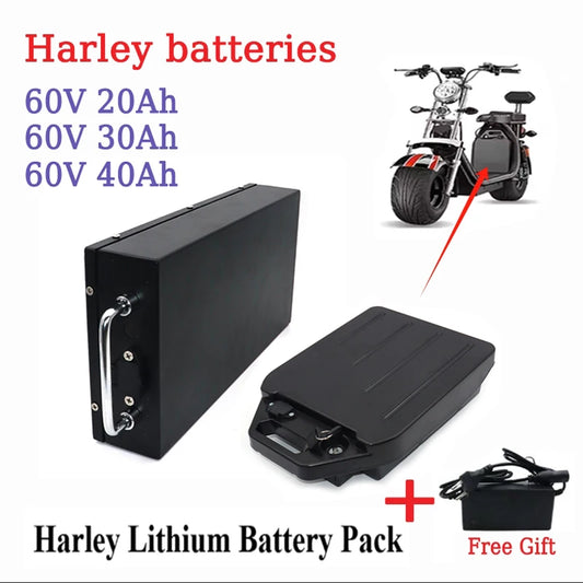 Harley lithium battery pack set including a large black rectangular battery, a smaller black battery, and a free gift power adapter, with text showing 60V 20Ah, 60V 30Ah, and 60V 40Ah capacities and a small motorcycle illustration.