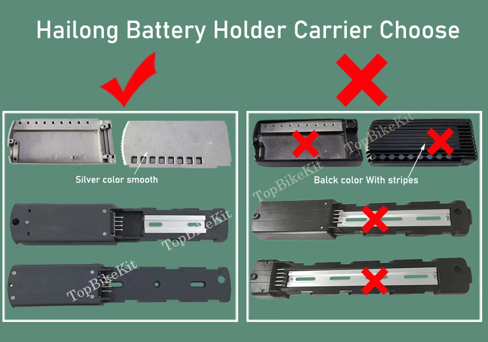 A product comparison graphic for a Hailong battery holder carrier, showing two sets of mounting brackets on a muted green background. The left set is labeled 'Silver color smooth' with a red checkmark, and the right set is labeled 'Black color With stripes' with red X marks.