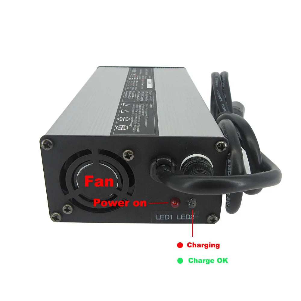 A black and silver rectangular power supply or battery charger with a cooling fan on the front, attached black cables, and small LED indicators labeled Charging and Charge OK. Red text overlays point to the fan, power connection, and LEDs.